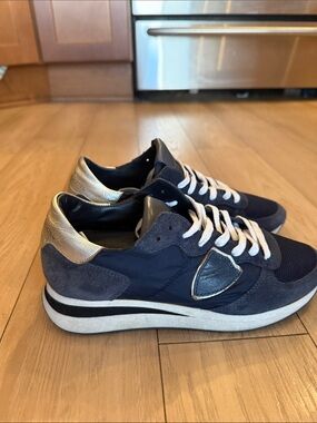 Philippe Model Navy Sneakers with Metallic Gold Heel